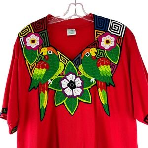 Vintage Galapogo Parot Shirt Womens Size L Red Embroidered Short‎ Sleeve Floral